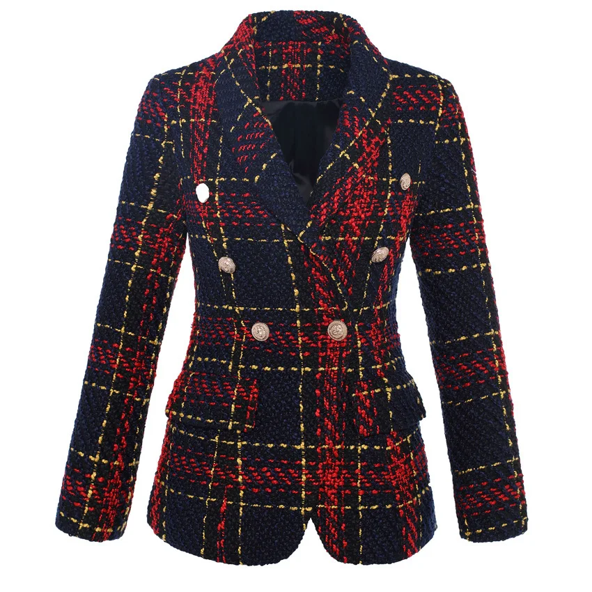 

2024 Classic Elegant Tweed Plaid Blazers for Women Metal Lion's Head Buckle Slim Fit Suit Ladies High Quality New in Jackets