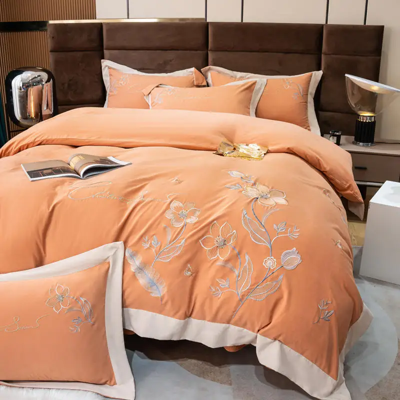 

Embroidery Cotton DuvetCover Flatsheet Pillowcase winter warm bed linen Queen King for adult Green health