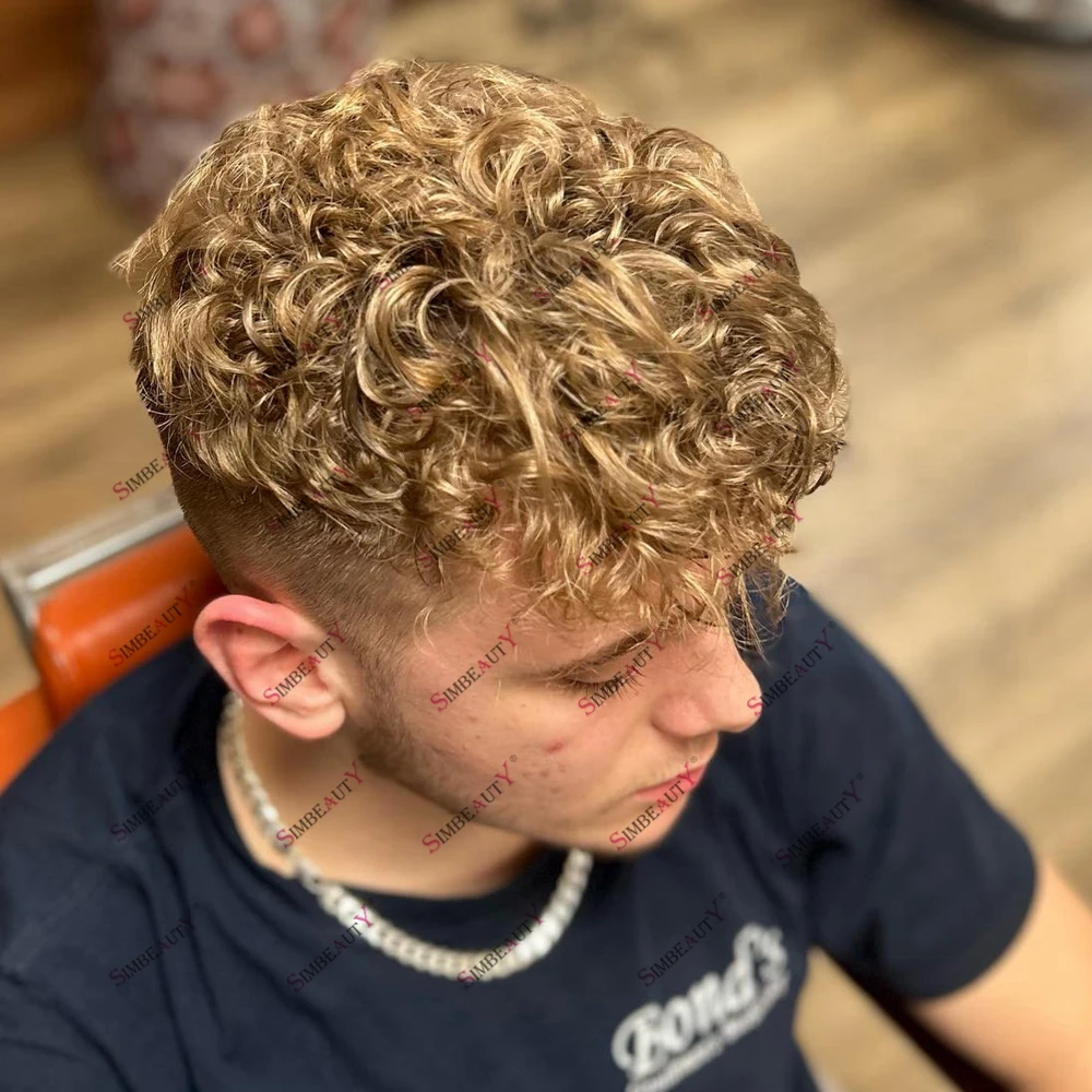 Peruca de cabelo humano encaracolado loira Microskin masculina, PU