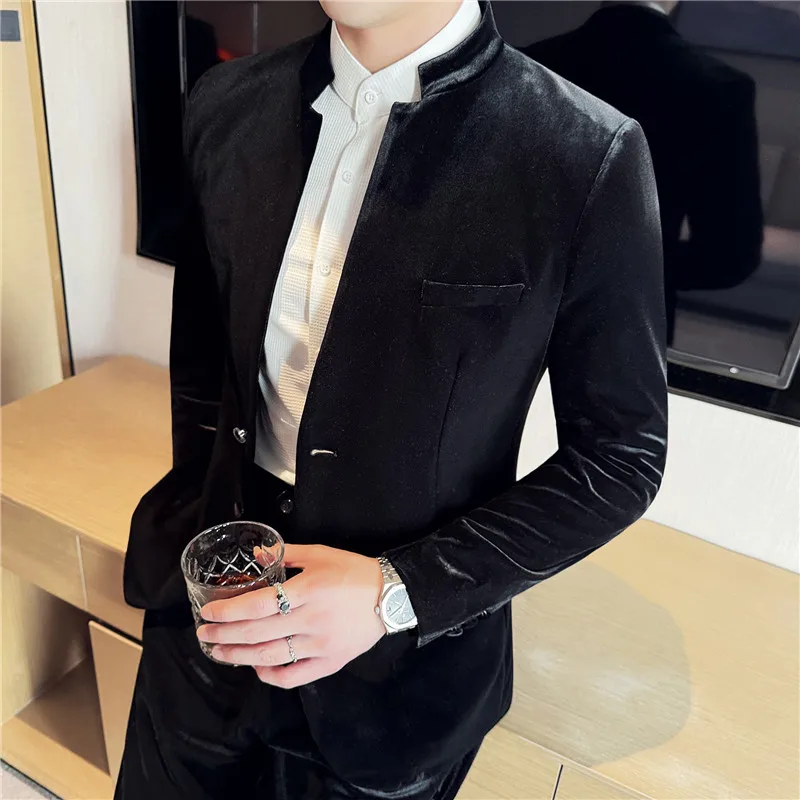 Chinese Style High-end Stand Collar Velvet Casual Suit Jacket for Men's Autumn Winter Thick Blazers Casual Business Dress Coats