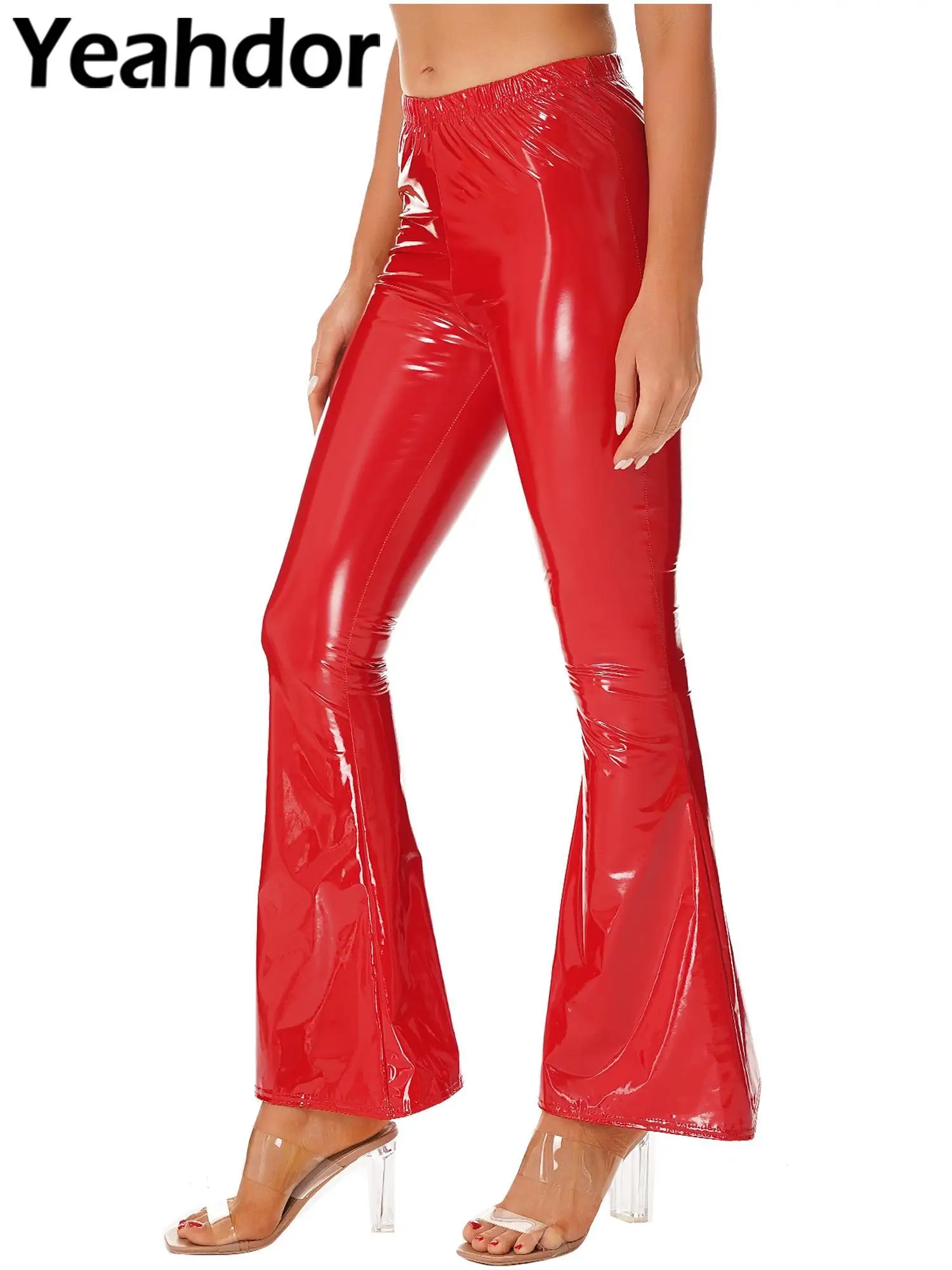 

Womens Glossy Patent Leather Flared Pants Clubwear Fashion Solid Color High Waist Bell-Bottomed Trousers sexy legging panties