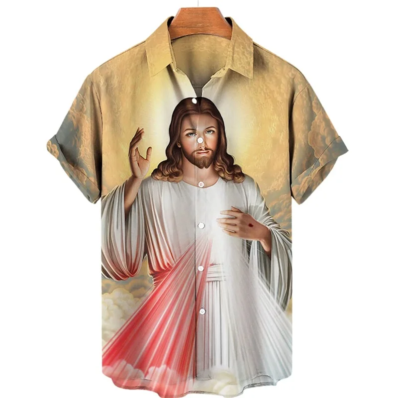 thumbnail image 1 of Camisas hawaianas con estampado 3D de Dios, Jesús, María, para hombre, camisetas casuales de manga corta con estampado 3D, camisetas de gran tamaño, ropa superior, camisas con botones para hombre, blu, 1 of 4