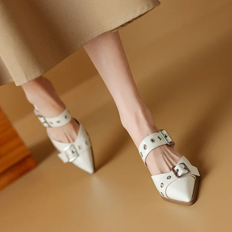 NEW Summer Women Sandals Patent Leather Shoes for Women Cover Toe Thin Heel Slippers Belt Buckle Mules Ponited Toe Women Shoes