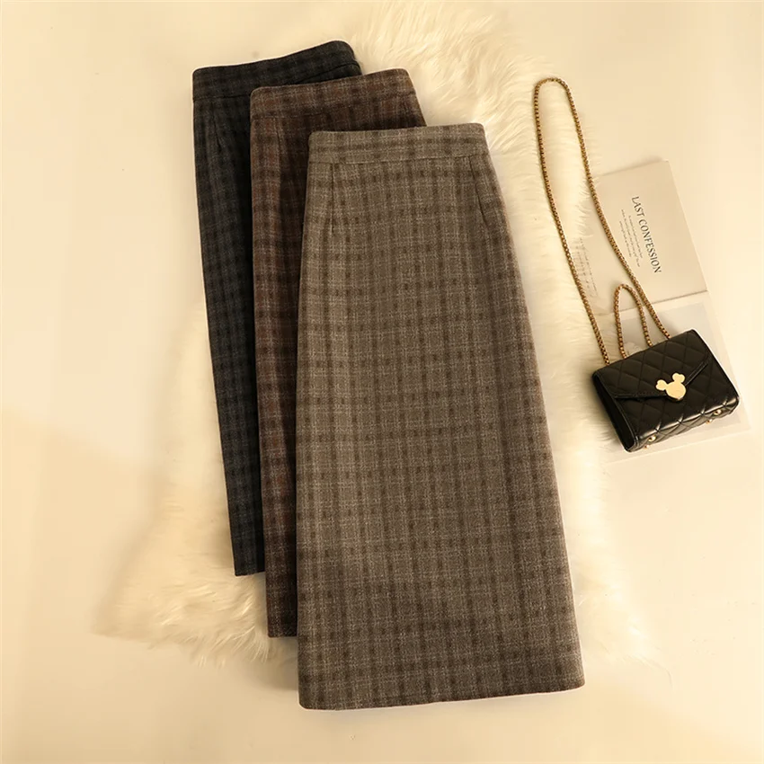 

Gowyimmes New Fashion Autumn Winter Vintage Women High Waist Woolen Skirt Girl Midi-long Plaid Skirts Harajuku Bottomings P1380