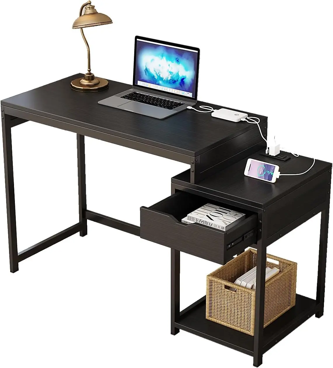

Home Office Computer Desk - 51" Workspace with Power Outlet, USB Charging Port, Storage Shelves, Drawer, and Printer Shelf