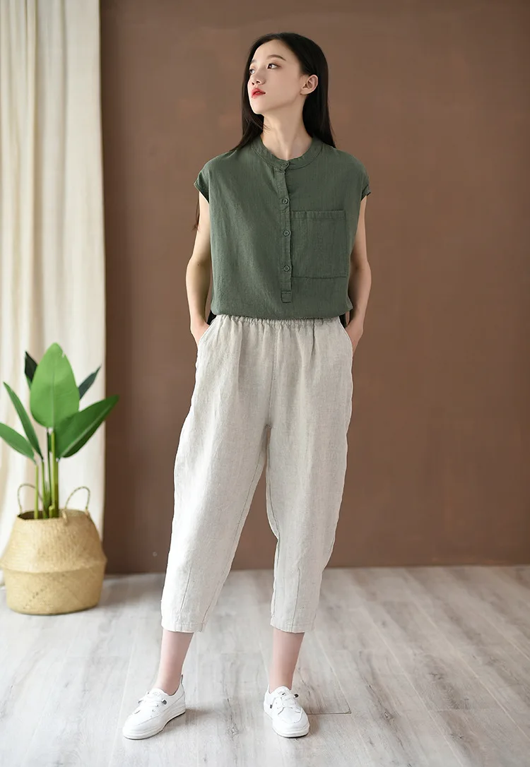 2022 New Style Loose Women Calf-length Pants Spring Summer Solid Cotton Linen Women Pants RV658 white capris