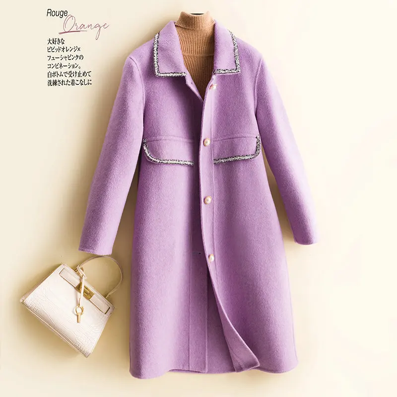 

New Pearl Button Tassel Woolen Coat Double sided Cashmere Coat Women's Mid length Loose Woolen Fabric Slim Coat