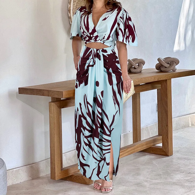 

Fashion Women's Long Dress Set 2023 Summer Print Pleated V-Neck Short Sleeve Top High Waist Split Fashion Women's Maxi Dress Set