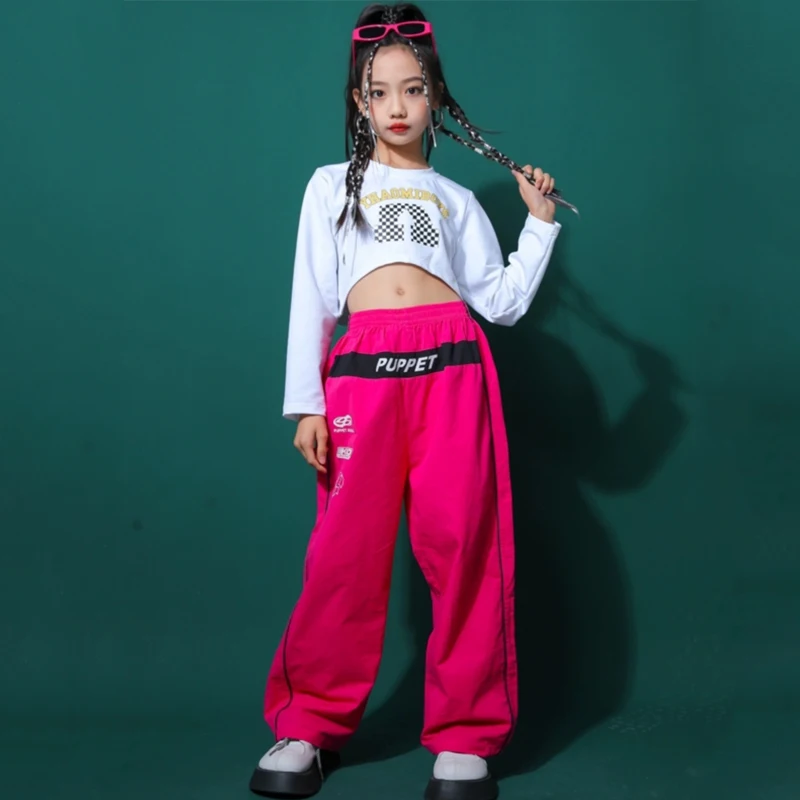 

Kids Clothing Jazz Dance Performance Costumes White Crop Tops Rose Red Pants Suit For Girls Hip Hop Dance Rave Clothes DQS14893