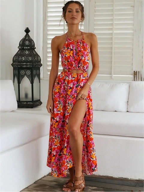 vestidos largo floral de verano mujer rojo elegantes para mujer,vestidos de mujer casual verano,ropa mujer verano raja espalda descubierta playero - AliExpress