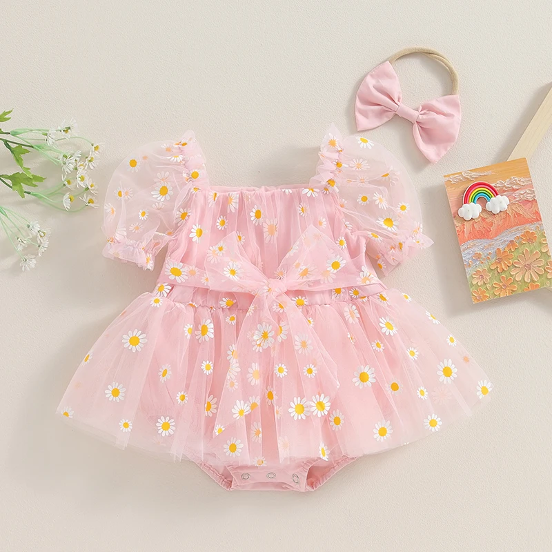 2pcs Summer Infant Baby Girls Romper Dress Short Puff Sleeve Daisy ...