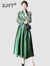 

ZJYT Fashion High Waist Acetate Two Piece Maxi Skirt Set Green Womens Outfits Spring 2022 Floral Chiffon Blouse Dress Suit New