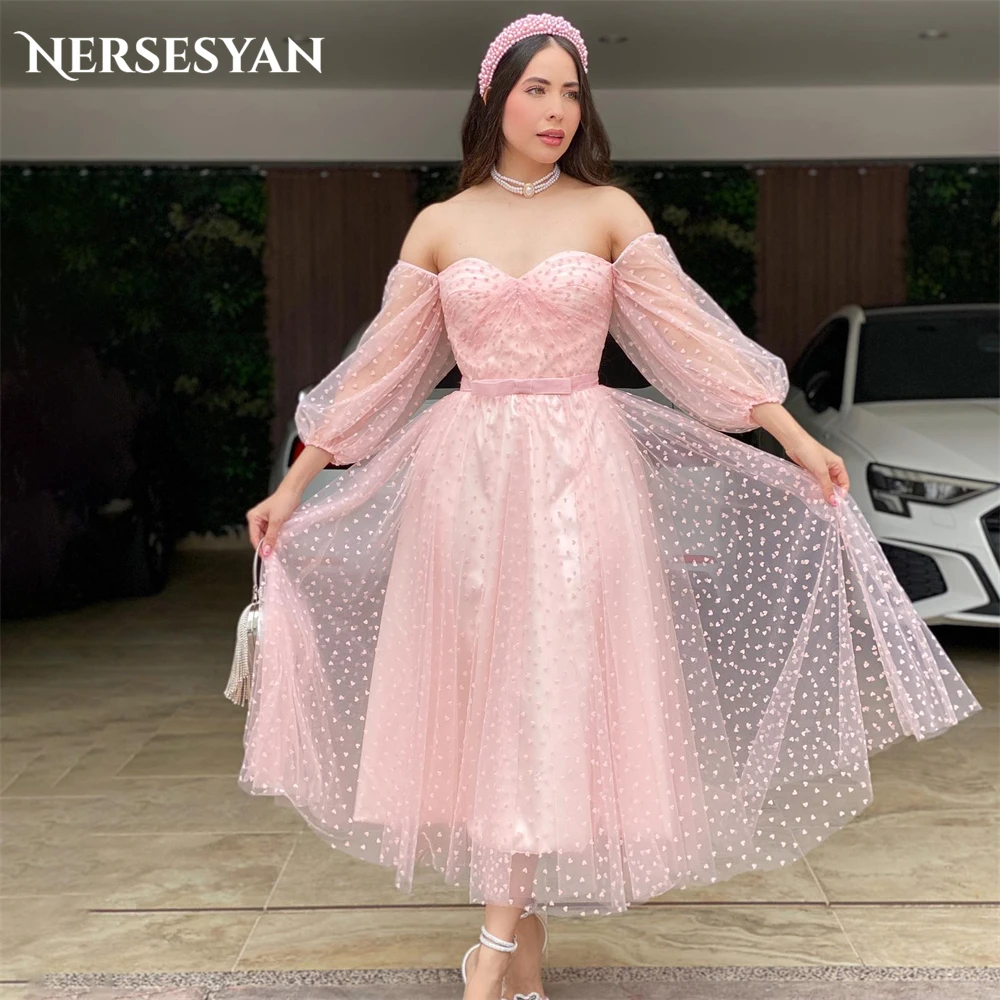 

Nersesyan Blush Pink Dot Formal Prom Dresses Off Shoulder Sweetheart A-Line Evening Dress Puff Sleeves Tea Length Party Gowns