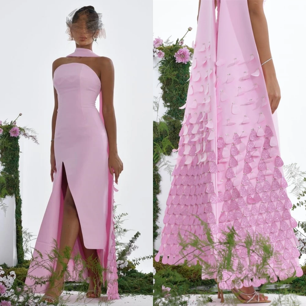 

Saudi Arabia Long Pink Satin Evening Dresses with Sleeveless Floor Length Sheath Formal Dress with 3D Appliques فساتين الحفلات