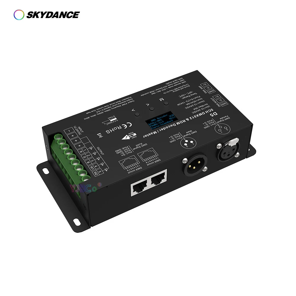 12V-24V Dc 6A * 5Ch Dmx 512 Controller Led Rbgwc Rdm Decoder Per Rgb + Cct Led Strip Tape Xlr3 Rj45 Display Oled 4- Pwm Rdm 8/16 Bit