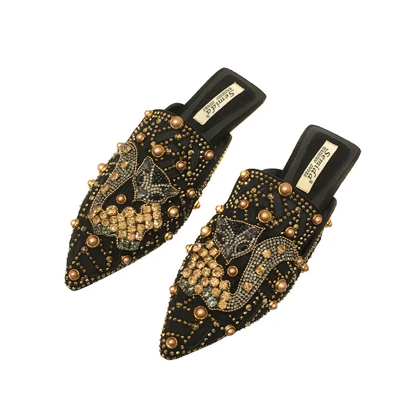 

2023 Summer Women Slippers Srping Pointed Toe Flats Ladies Loafers Bling Rivet Mules Female Sandals Plus Size 43