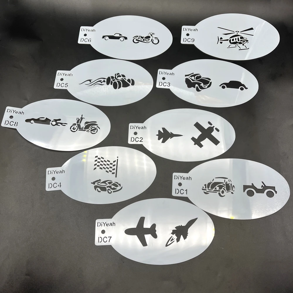 Novos modelos de stencils de pintura de rosto profissional body art dolphin tractor carro avião ferramentas de maquiagem de plástico diyeah 9pcs