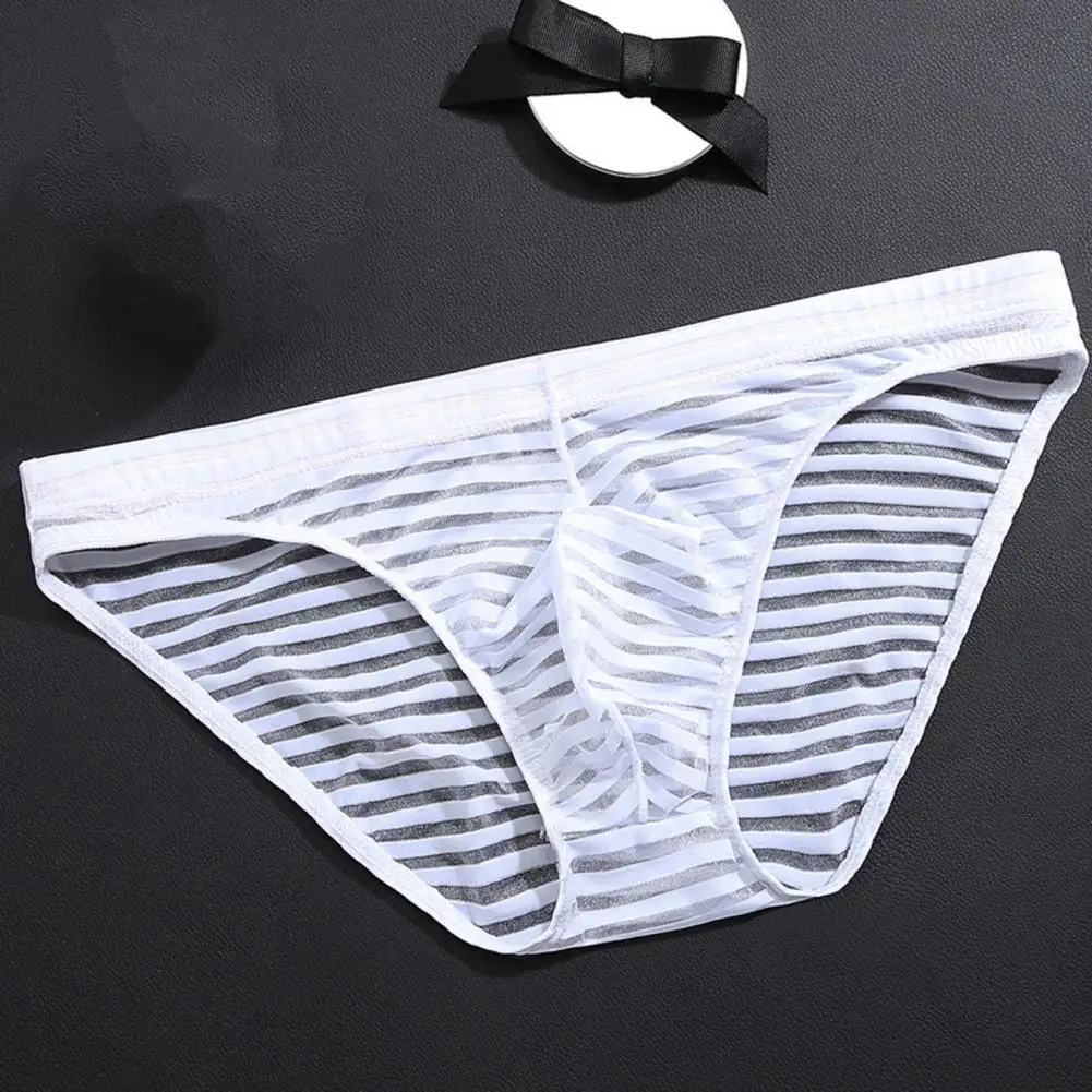 

Men Underpants Solid Color Stripe Seamless Mesh Briefs Low-Waist Ultra-Thin Transparent Low-Waist Ultra-Thin For Inside Wear