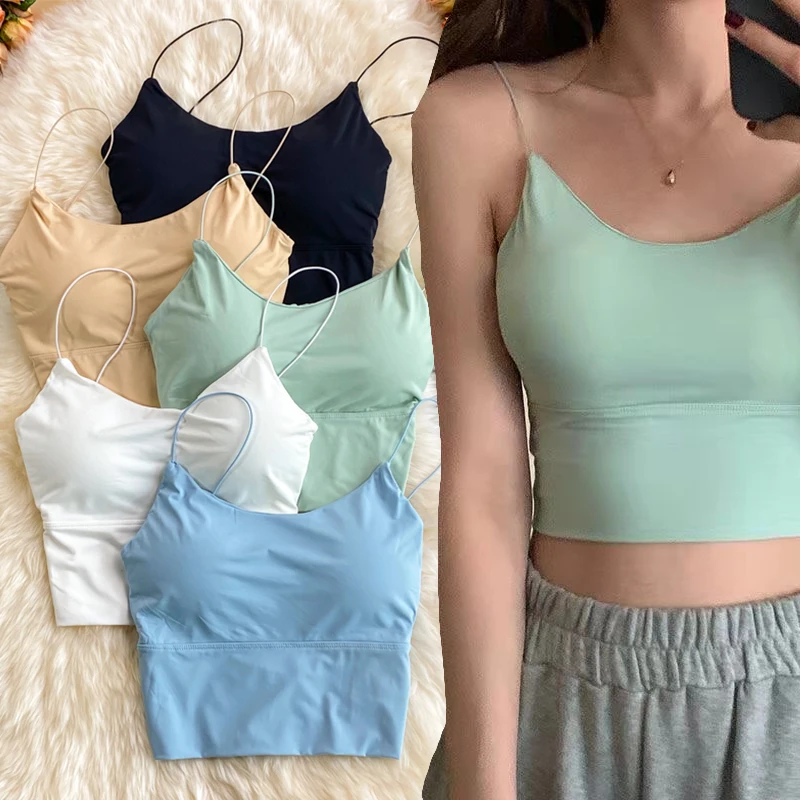 

Sexy Summer Bra Ice Silk Crop Tops Sports Spaghetti Strap Vest Top Women Built In Bra Off Shoulder Sleeveless Camisole Underwear