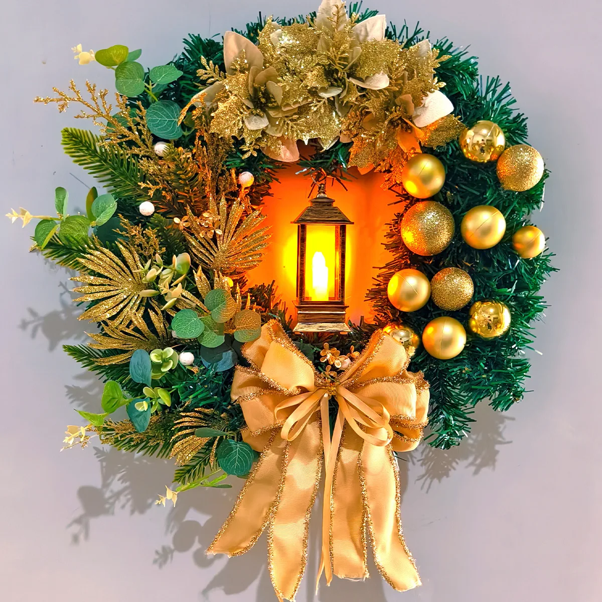 45cm Christmas Decoration Golden Wreath With Lamp For Front Door