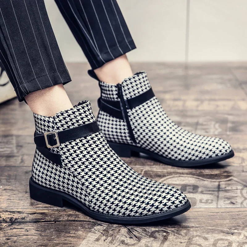 Ankle Boots for Men Business Plaid Buckle Strap Pu Leather Cowboy Boots Chelsea Men