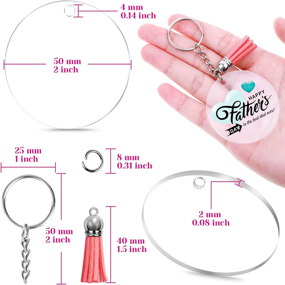 120 Pezzi Kit Portachiavi In Acrilico Con Nappe Colorate | Dischi Trasparenti Da 5 Cm Per Fai Da Te E Artigianato - 3