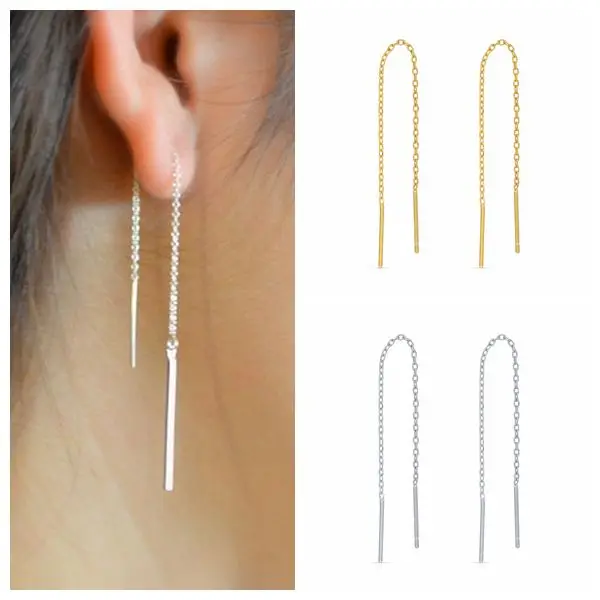 

925 Sterling Silver Needle Minimalist Metal Chain Stud Earrings for Women Gold Silver Color Punk Personality Earrings Jewelry