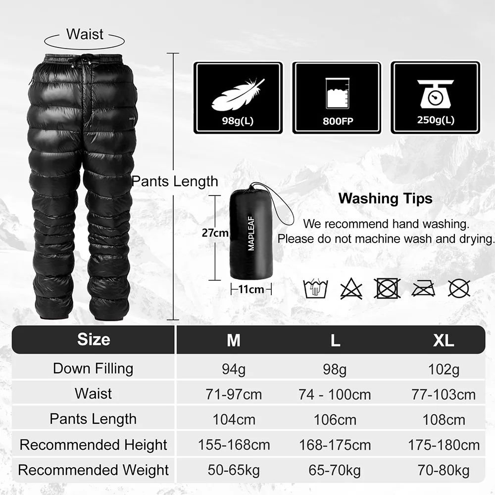 Mapleaf 800FP Down Pants Ultralight Warm Winter Snow Pants With Zipper Pockets Windproof Waterproof Camping Home Mountain Skiing hiking pants