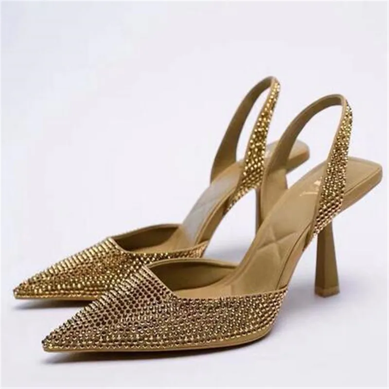 

Women Luxury High Heels Gold Rhinestone Pumps Woman Shimmery Slingback Heeled Sandals Ladies Pointed Toe Party Heels