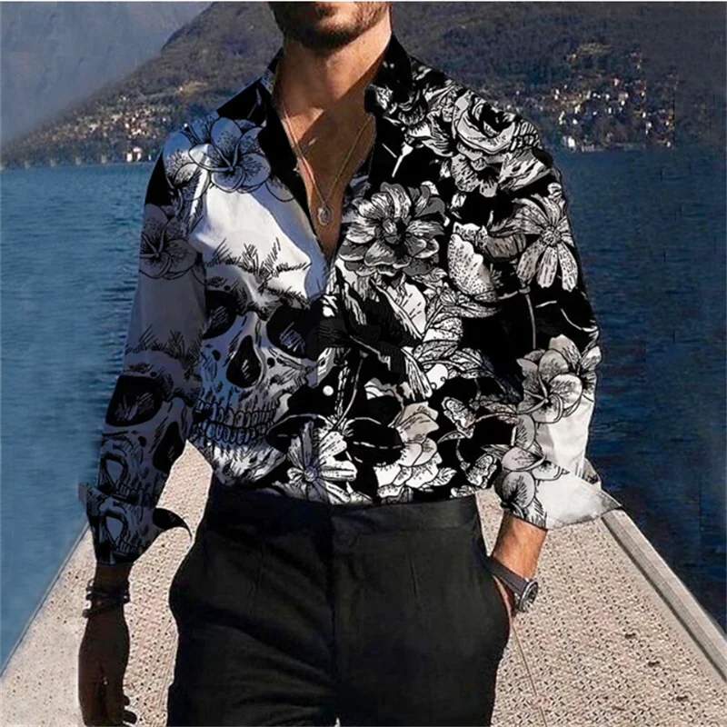 2023 Long Sleeve Shirt Skull Floral Party Suit Lapel Button Geometric Gold Clear Pattern Soft Comfortable Men's T-Shirt Apparel 10 pcs rubber sleeve folder documents storage bag plastic file paper organizer clear holder hanger