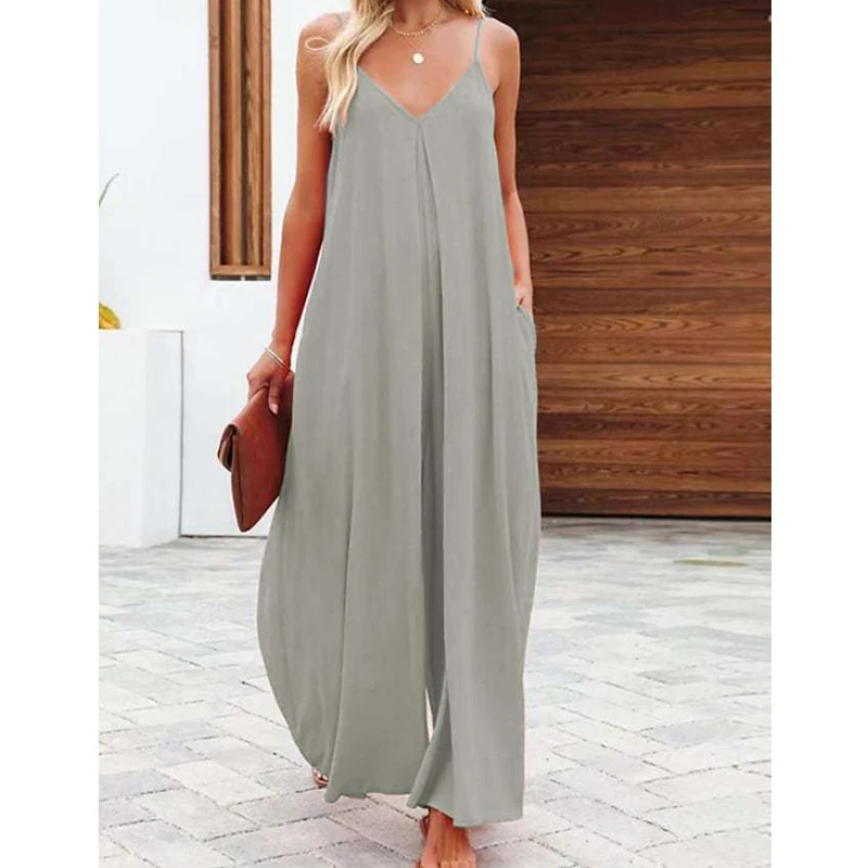 Women Oversized Streetwear Jumpsuits Summer Fashion Elegant Pleated Wide Leg Overalls V Neck Sleeveless Spaghetti Strap Rompers
