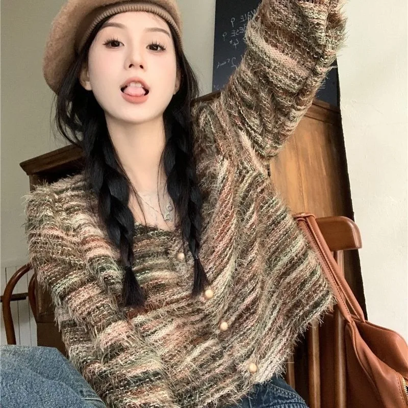 여성용 긴팔 니트 재킷, 용수철 레트로 외투, 슬림 패션 가디건, 상의, 작은 향기로운 바람 기질 코트, 2024 신상