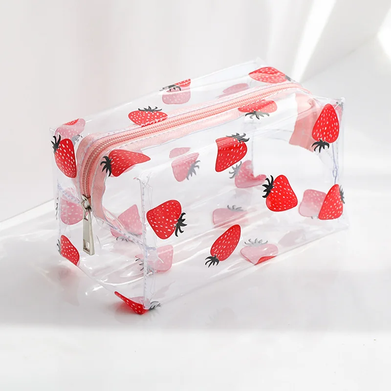 Kawaii Transparent Cosmetic Bag Large Capacity Portable Print Fruit Heart Pattern Pencil Case Makeup Storage Bag