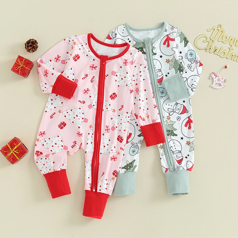 

2023-09-06 Lioraitiin 0-18M Newborn Baby Boy Girl Christmas Romper Long Sleeve Christmas Tree Santa Print Zipper Jumpsuit Outfit