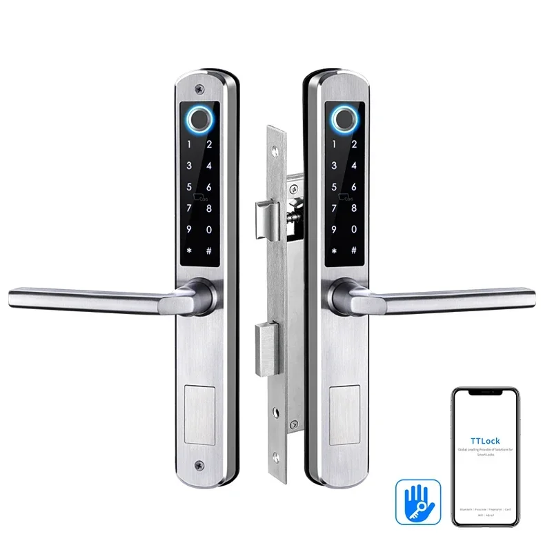 

TTlock Fingerprint double two side waterproof IP55 outdoor smart door lock SUS material for slim aluminum swing door