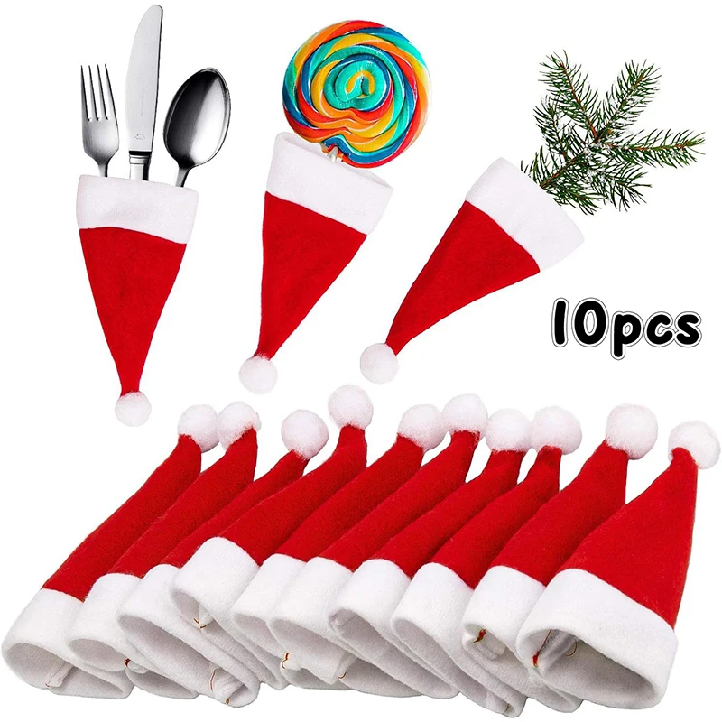 10Pcs Mini Santa Hat Non-Woven Fabric Lollipops Caps for Christmas Wine Bottle Covers Xmas Bottles Holder Table Dinner Decorations christmas beanie hat,christmas hat holder