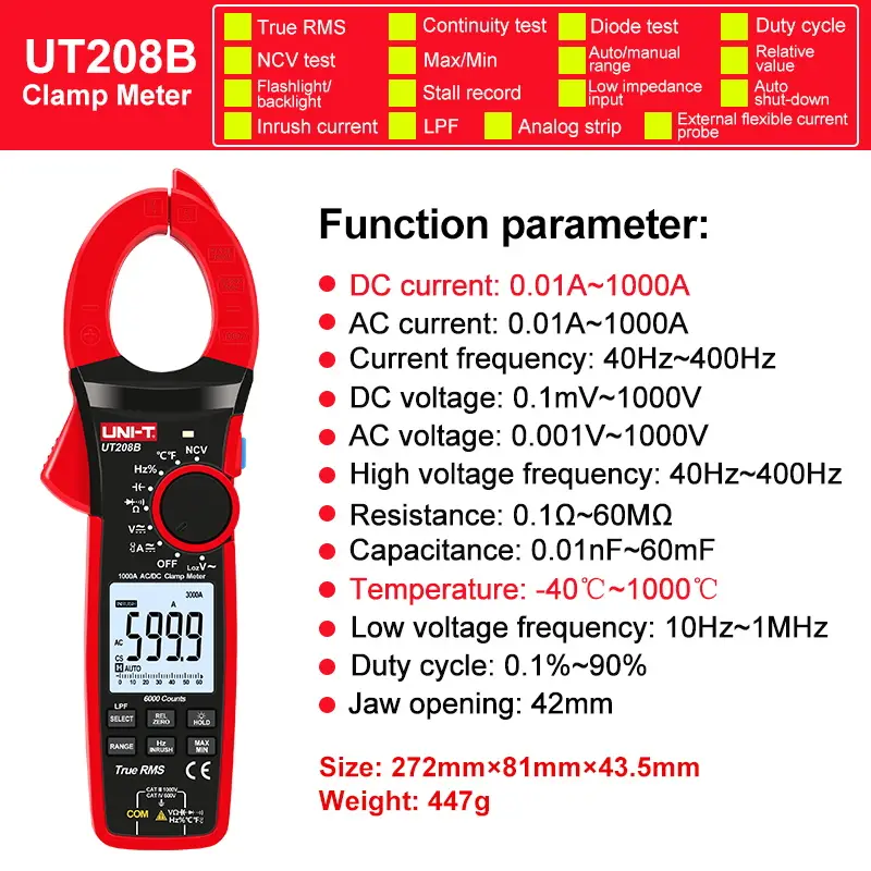 UNI-T UT210E UT202A UT204 Plus Clamp Meter AC/DC Digital Voltmeter Ammeter Pliers Multimeter Professional Electrical Multitester image 10