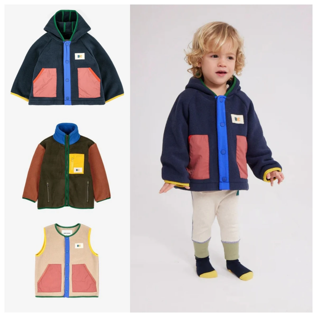 

Kid AW23 Fleece Hooded Coat BC New Boys Girls Color-block Polar Fleece Vest Baby Girl Winter Clothes Kids Jackets for Girls