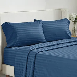 Battilo Luxury Bed Sheets 4-Piece Set - Premium Solid Stripe Bedding with Fitted & Flat Sheets plus Pillowcases - King (Blue)