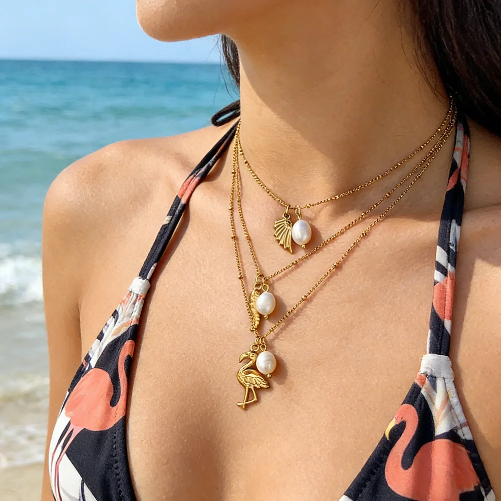 Goldener Halsband aus Edelstahl mit Anhänger für Frauen, Süßwasserperle, Blume, Blatt, Vogel, Anhänger, klobiges Schmuckset für Damen