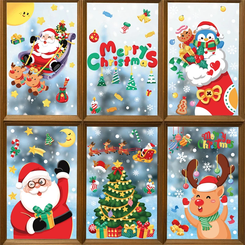 

New Merry Christmas Window Stickers Santa Claus Elk Xmas Tree Socks Sticker Christmas Decorations for Home Navidad New Year 2024