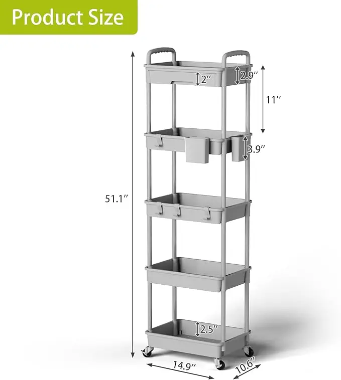 5 Tier Rolling Utility Cart with Drawer, Cart Made of Multifunctional Storage Organizer Tool for Kitchen,Bathroom,Living Room