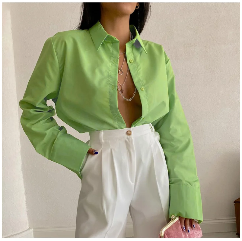 

Модная женская рубашка, блузка с длинным рукавом, однотонная блузка для офиса, Женская Осенняя рубашка белого, желтого, зеленого цветов