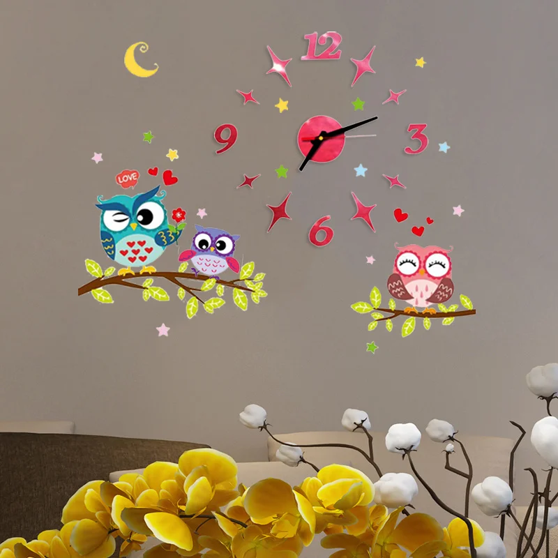 2022 Children'S Room 3D Diy Wall Clock Modern Home Decoration Owl Art Sticker Decal Acrylic Quartz Watch Living Wall Clocks