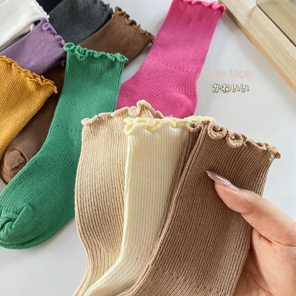 Baby Girls Cotton Dress Socks Solid Color Ruffle Long Sock Ruffle Stockings Toddlers