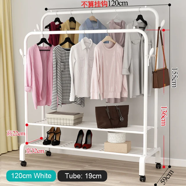 Garment Rack Floor Standing Clothes Hanger Double Pole Coat Rack Wardrobe Clothing Drying Rack Mobile Cloth Rail Home Furniture W Double layer 120cm