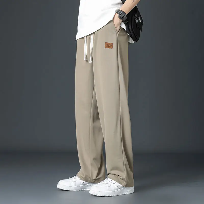 

Summer Thin Ice Silk Patch Men's Wide Leg Pants Classic Street Casual Loose Straight Cylinder Waist Drawstring Motion Trousers