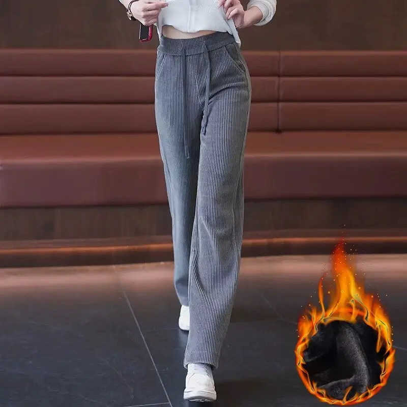 Women's Autumn Winter Solid Screw Thread Bandage High Waisted Drawstring Casual Loose and Thickened Wide Leg Trousers Pants