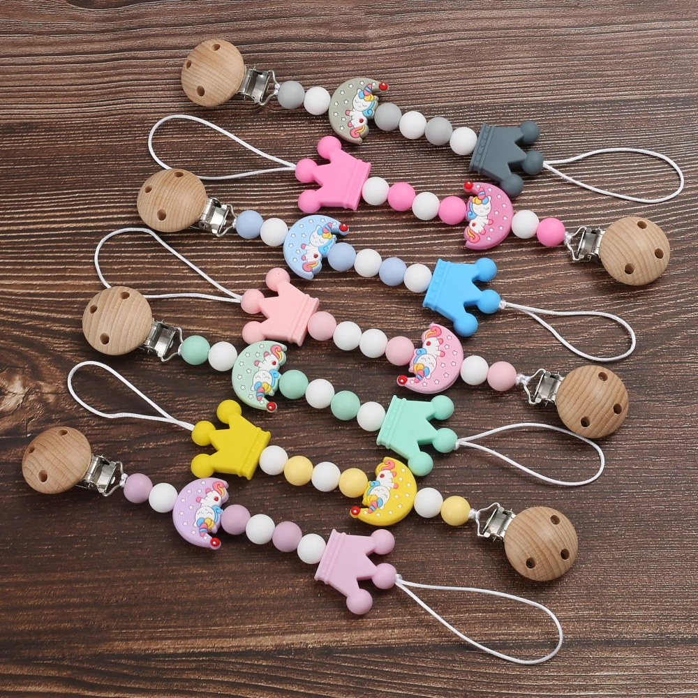 

Cartoon Moon Shape Silicone Round Beads Teething Chain Baby Wooden Pacifier Clips For Baby Nursing Chew Toy Dummy Holder Chain