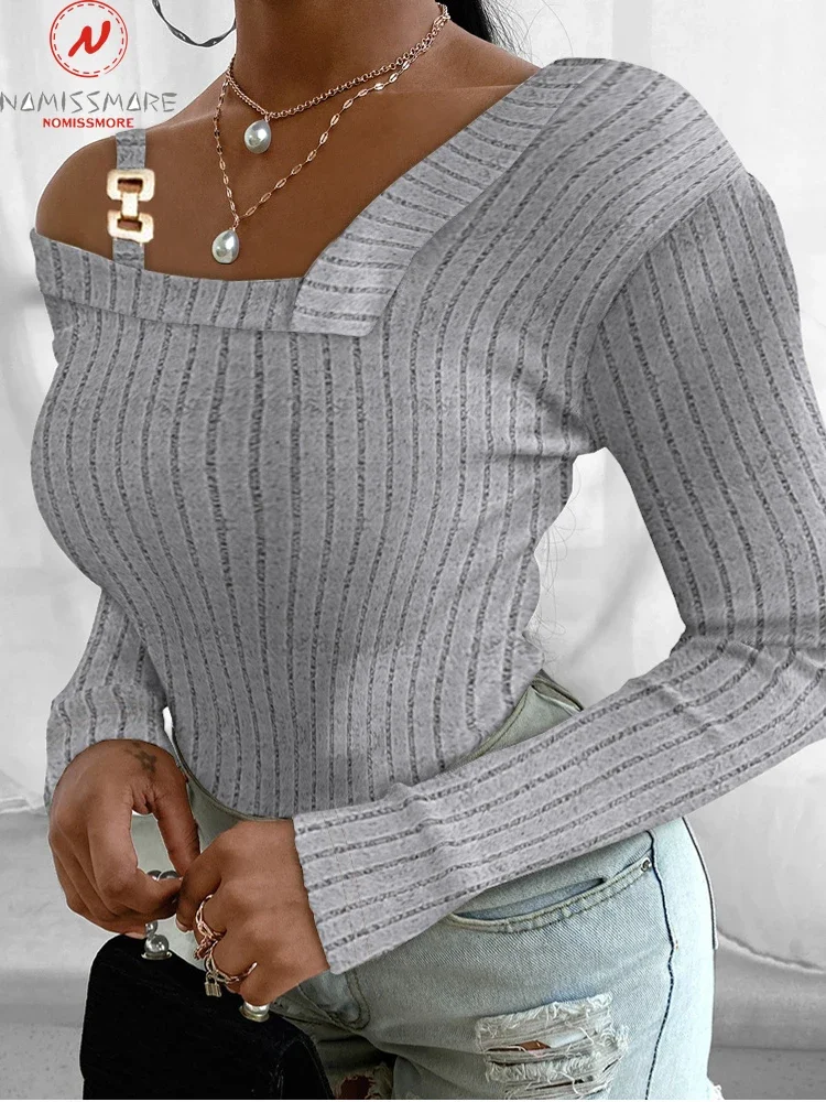 

Sexy Women Solid Color Slat T-Shirts Irregular Design Button Decor Skew Collar Long Sleeve Spring Autumn Slim Pullovers Top